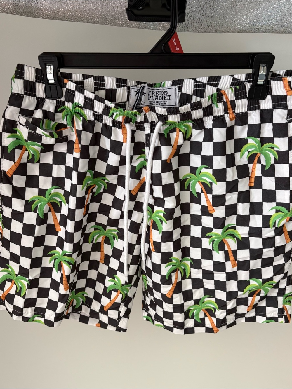 Free Planet Black & White Check Swim Shorts with Green Palm Print